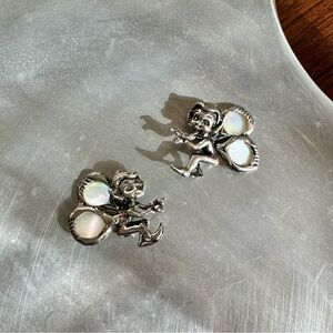 Pair of Vintage Sterling Silver Cyvra Fairy Pixie Elf Brooch Pins | Abalone